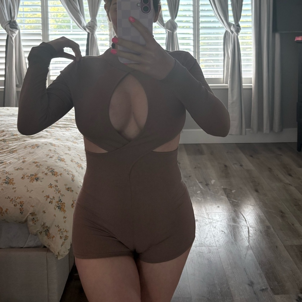 Brown Long Sleeve Cutout Bodysuit